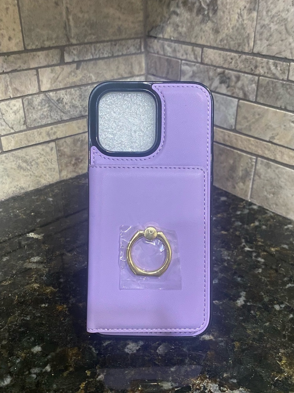 Purple Phone Wallet Case with Gold Ring Stand